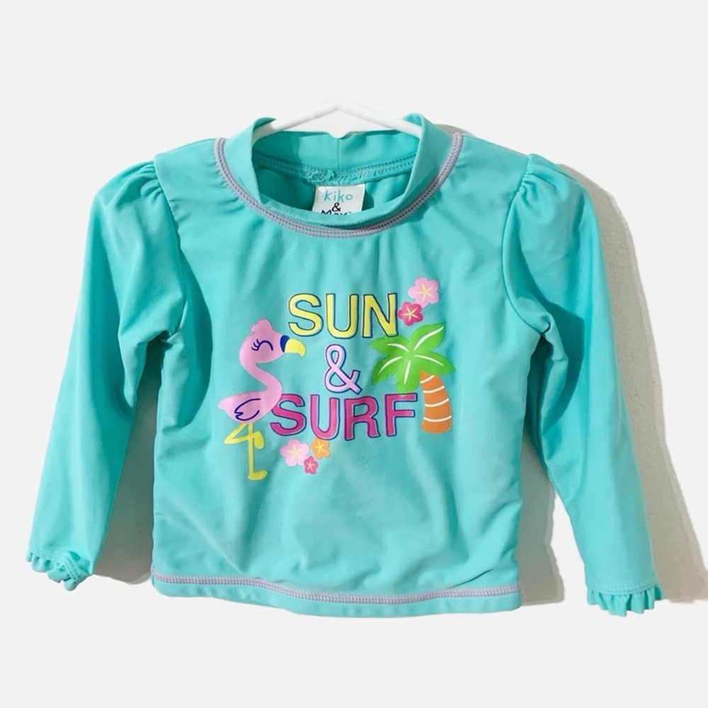Kiko & Max Sun and Surf Graphic RashGuard Ruffled Cuffs Crewneck Long Sleeve🩵🩷